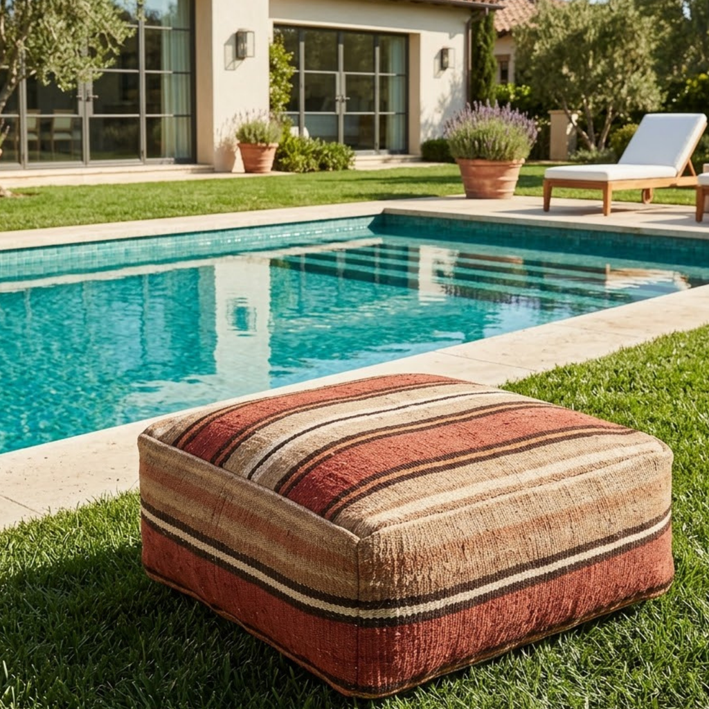 Earth Tone Striped Kilim Berber Floor Pouf 60x60x20 cm – Handmade Moroccan Square Terracotta and Beige Cushion