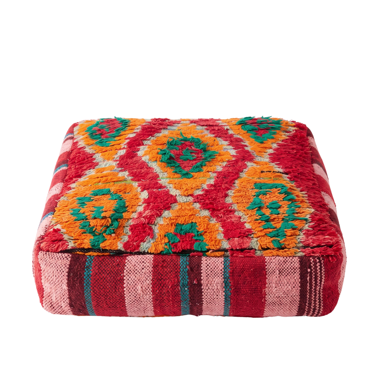 Vintage Red and Orange Boujad Berber Floor Pouf 60x60x20 cm – Handmade Moroccan Wool Floor Cushion with Plush Diamonds and Striped Sides