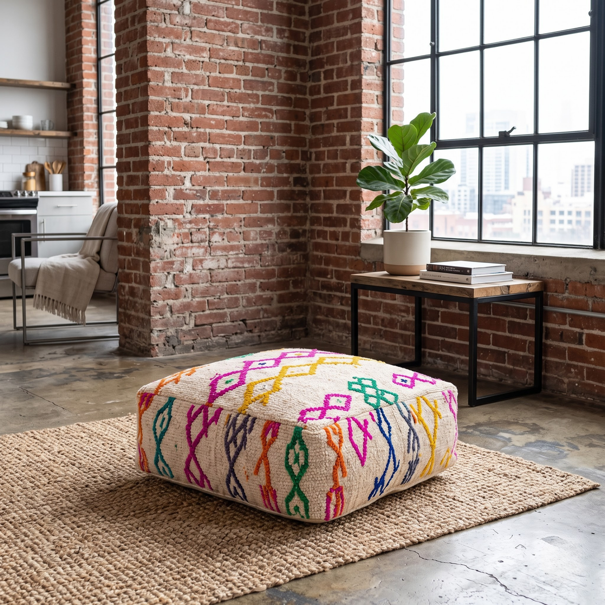 Multicolor Azilal Berber Floor Pouf 60x60x20 cm – Authentic Handmade Moroccan Off-White Wool Ottoman