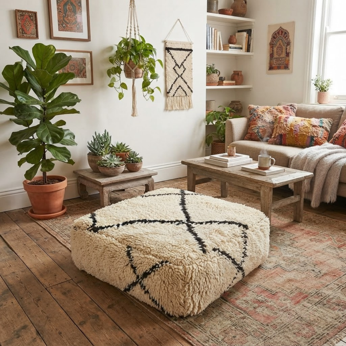 Beni Ourain Berber Floor Pouf 60x60x20 cm – Authentic Handmade Moroccan Shaggy Wool Cushion in Cream and Charcoal Black
