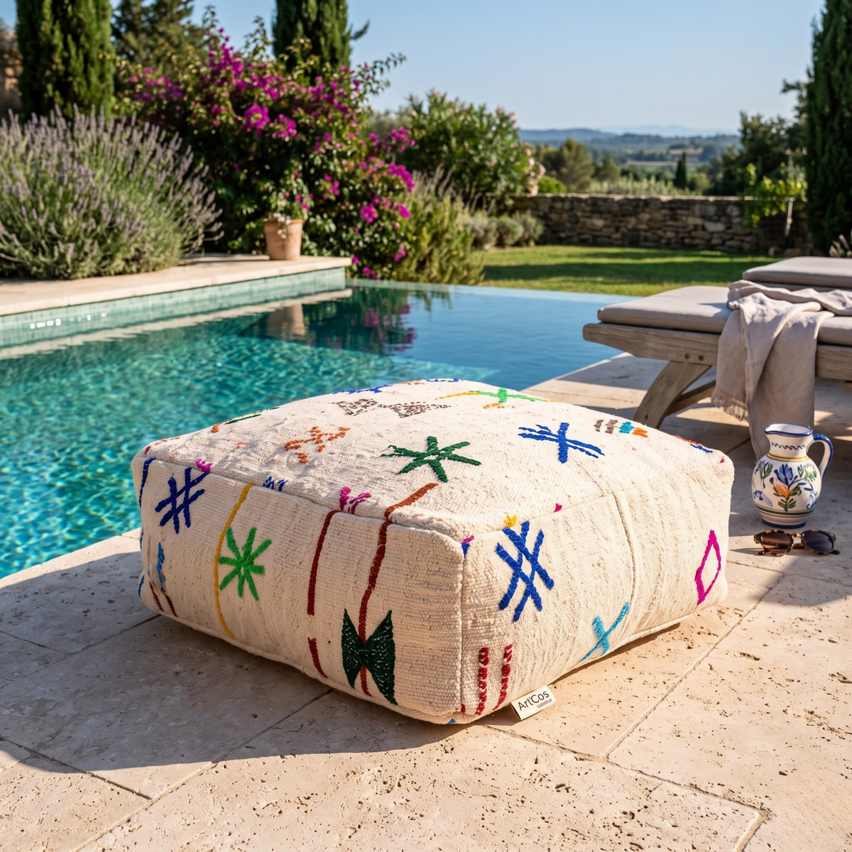 Embroidered Berber Floor Pouf 60x60x20 cm – Handmade Moroccan Cream Wool Floor Cushion with Multicolor Amazigh Symbols