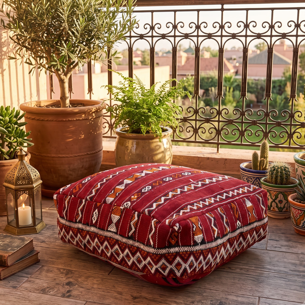 Deep Maroon Kilim Berber Floor Pouf 60x60x20 cm – Authentic Handmade Moroccan Floor Cushion with Tribal Diamond Border