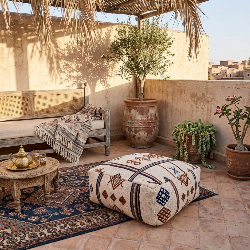 Embroidered Cream Berber Floor Pouf 60x60x20 cm – Handmade Moroccan Square Cushion with Terracotta and Indigo Amazigh Motifs