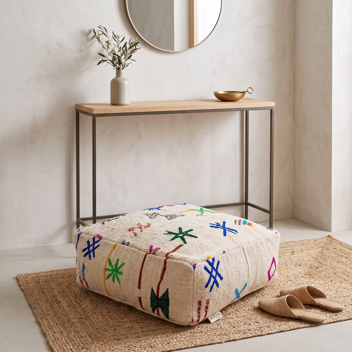 Embroidered Berber Floor Pouf 60x60x20 cm – Handmade Moroccan Cream Wool Floor Cushion with Multicolor Amazigh Symbols