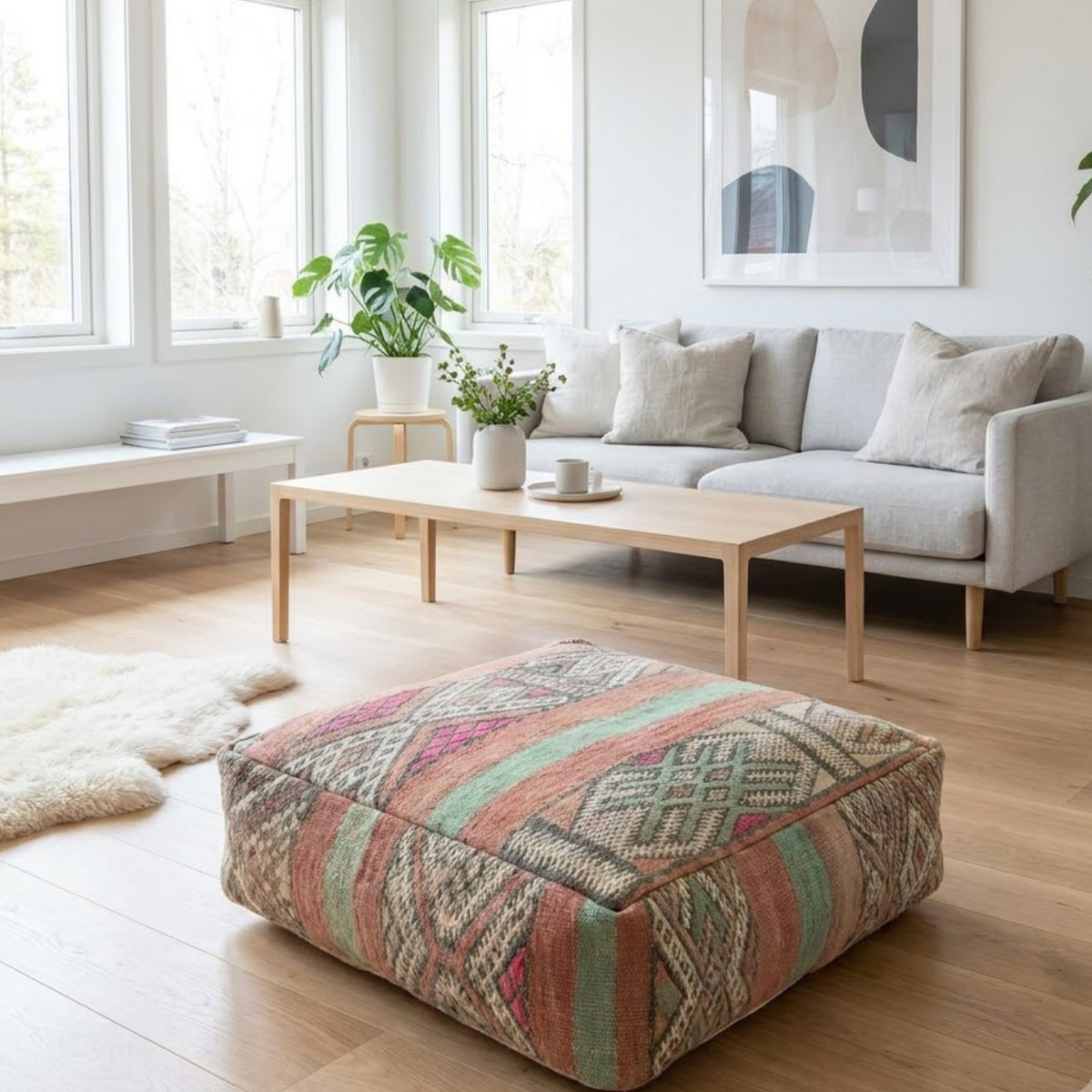Vintage Pastel Kilim Berber Floor Pouf 60x60x20 cm – Handmade Moroccan Square Cushion with Peach, Mint Stripes and Diamond Medallions