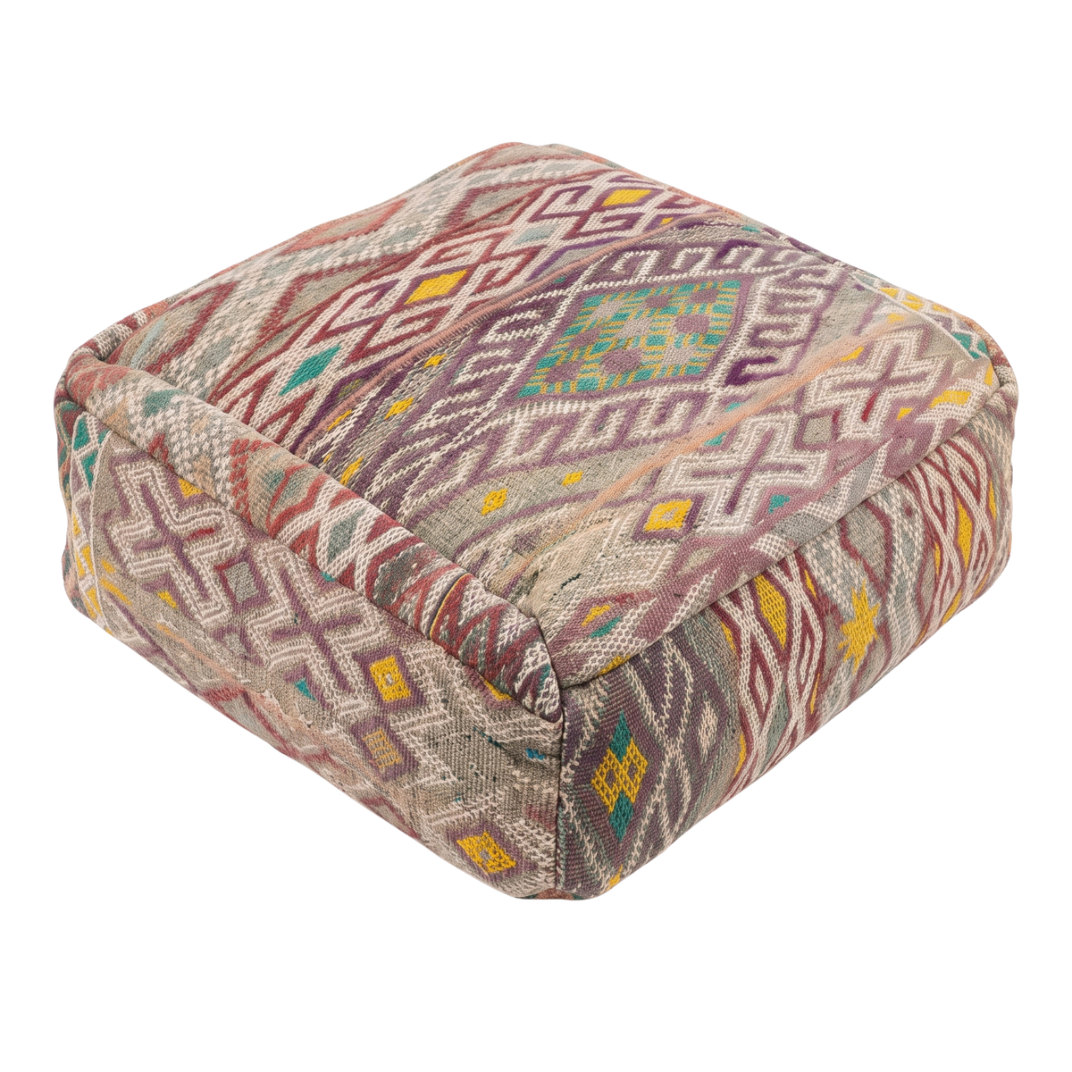 Vintage Lavender Kilim Berber Floor Pouf 60x60x20 cm – Handmade Moroccan Square Cushion with Muted Earth Tones and Diamond Cross Mosaic