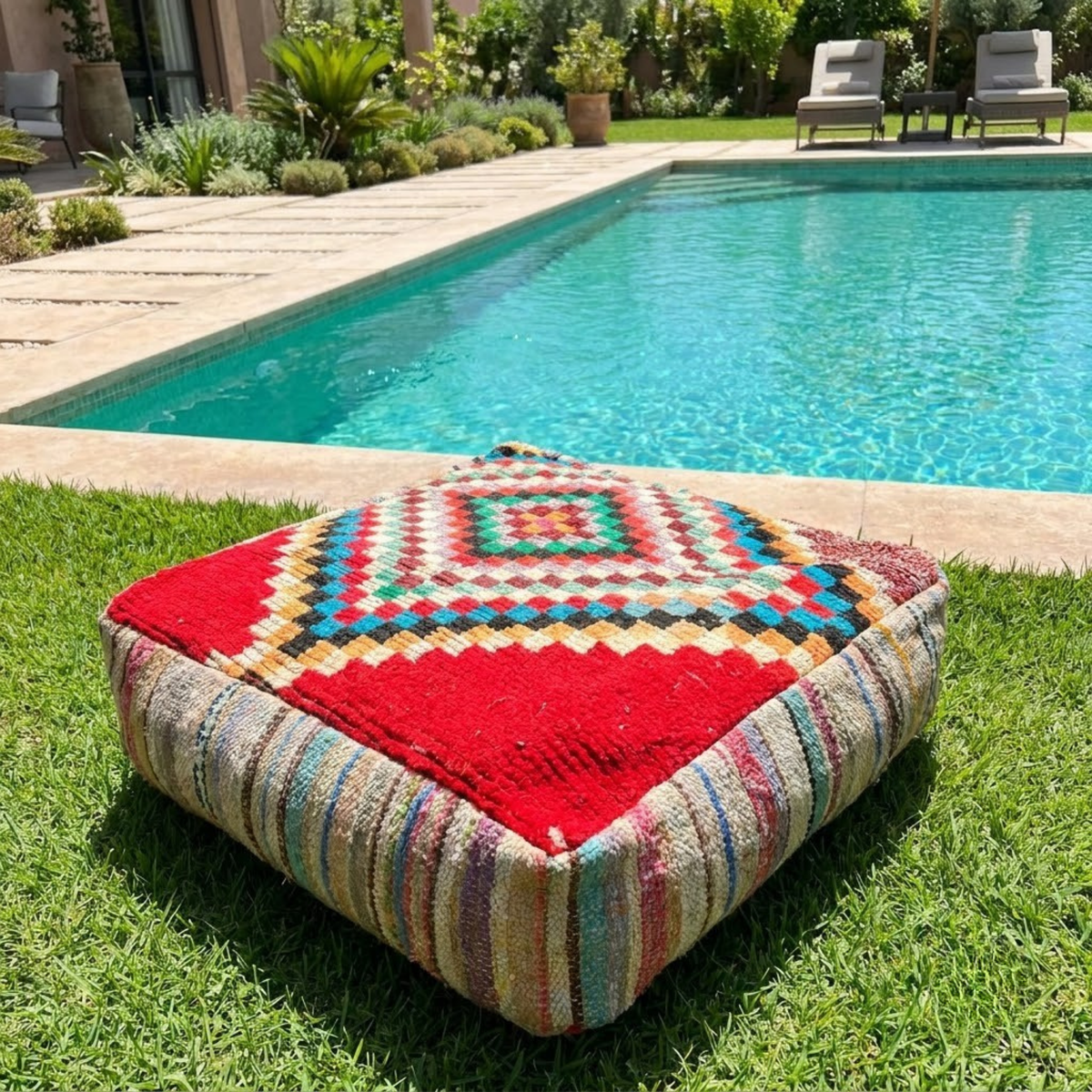 Multicolor Boujad Berber Floor Pouf 60x60x20 cm – Handmade Moroccan Square Cushion with Concentric Diamond Mosaic and Striped Sides