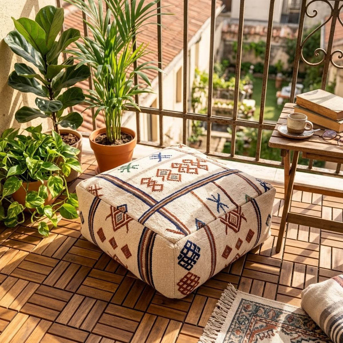 Embroidered Cream Berber Floor Pouf 60x60x20 cm – Handmade Moroccan Square Cushion with Terracotta and Indigo Amazigh Motifs