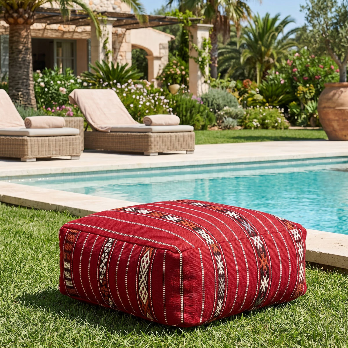Crimson Red Kilim Berber Floor Pouf 60x60x20 cm – Handmade Moroccan Square Cushion with Tribal Geometric Motifs