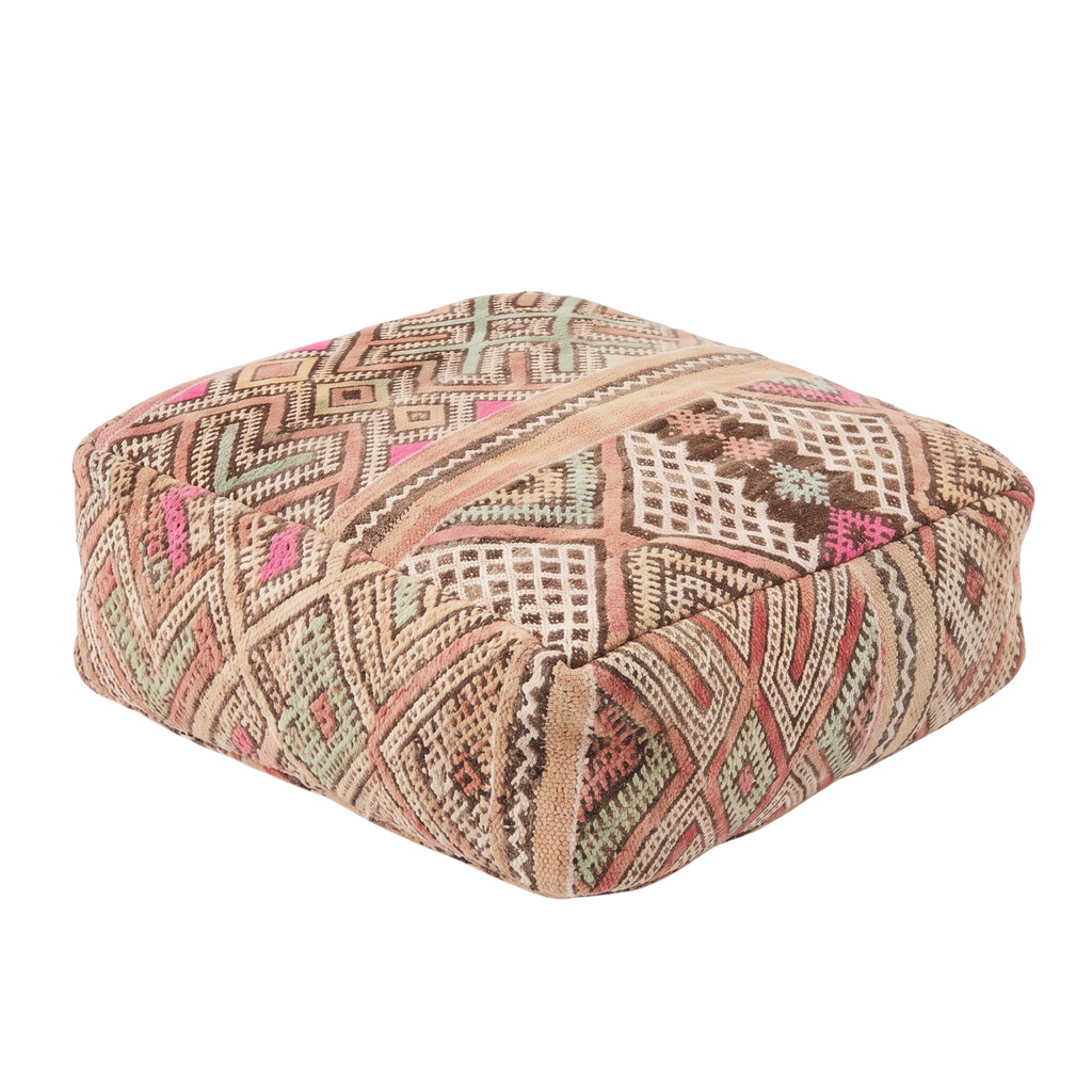 Vintage Sand Kilim Berber Floor Pouf 60x60x20 cm – Handmade Moroccan Square Cushion with Tribal Lattice Mosaic and Pastel Accents