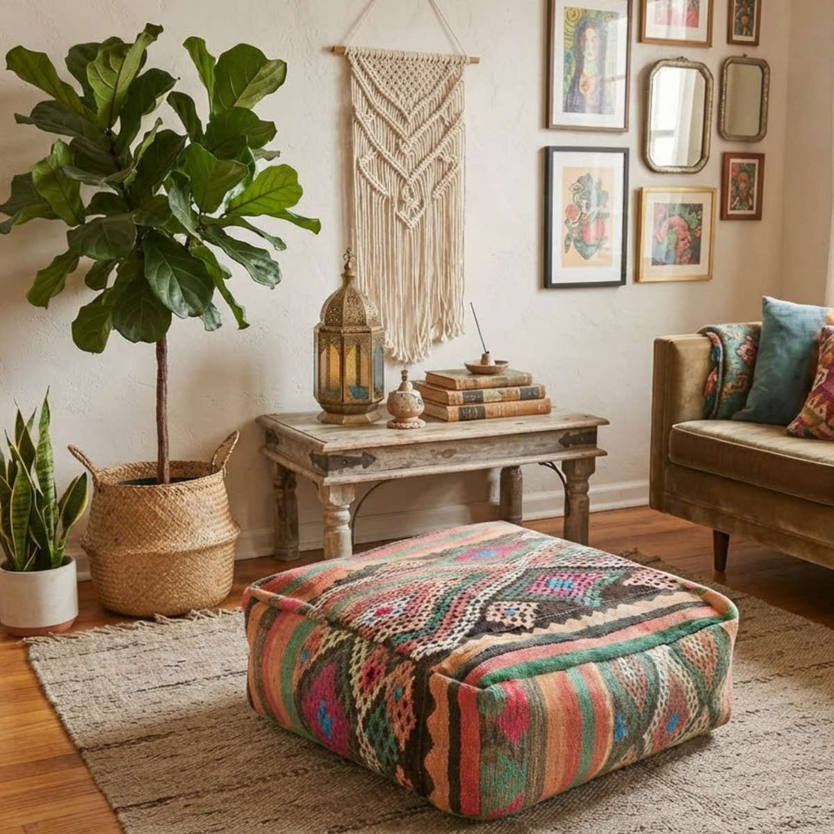 Vintage Coral Kilim Berber Floor Pouf 60x60x20 cm – Handmade Moroccan Square Cushion with Green, Turquoise and Diamond Medallion