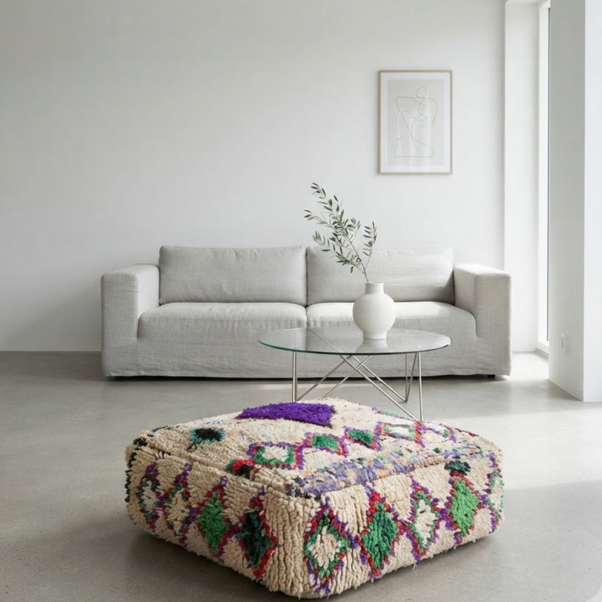 Vintage Shaggy Boujad Berber Floor Pouf 60x60x20 cm – Authentic Handmade Moroccan High-Pile Wool Cushion with Purple Diamond