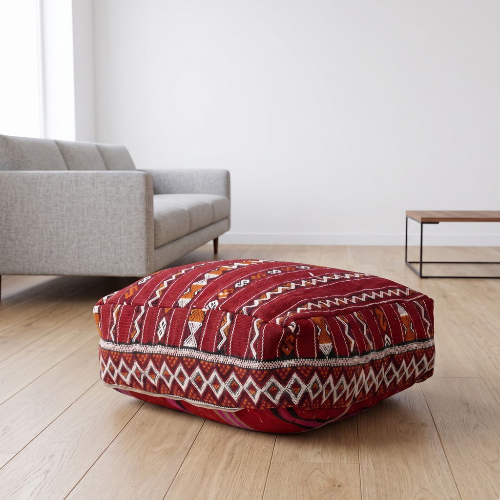 Deep Maroon Kilim Berber Floor Pouf 60x60x20 cm – Authentic Handmade Moroccan Floor Cushion with Tribal Diamond Border