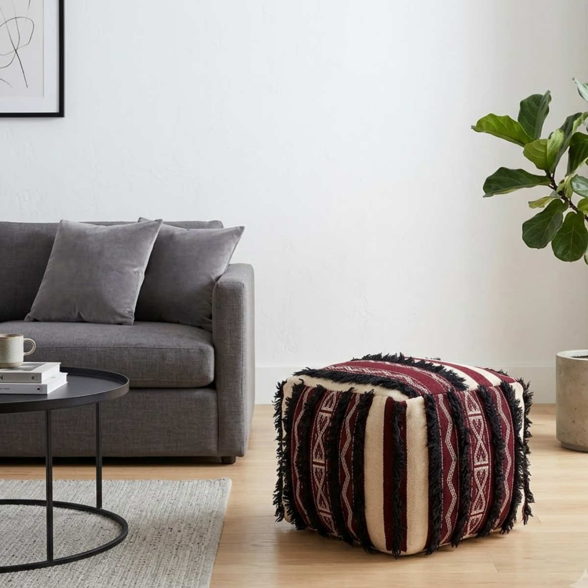 Burgundy and Cream Berber Floor Pouf with Black Fringe 45x45 cm – Authentic Handmade Moroccan Cube Ottoman