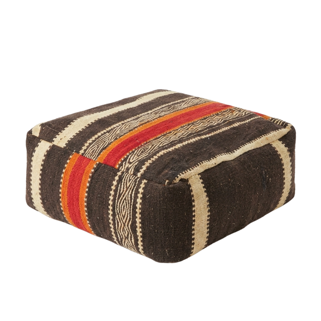 Dark Brown Kilim Berber Floor Pouf 60x60x20 cm – Handmade Moroccan Square Cushion with Cream Stripes and Warm Orange Band
