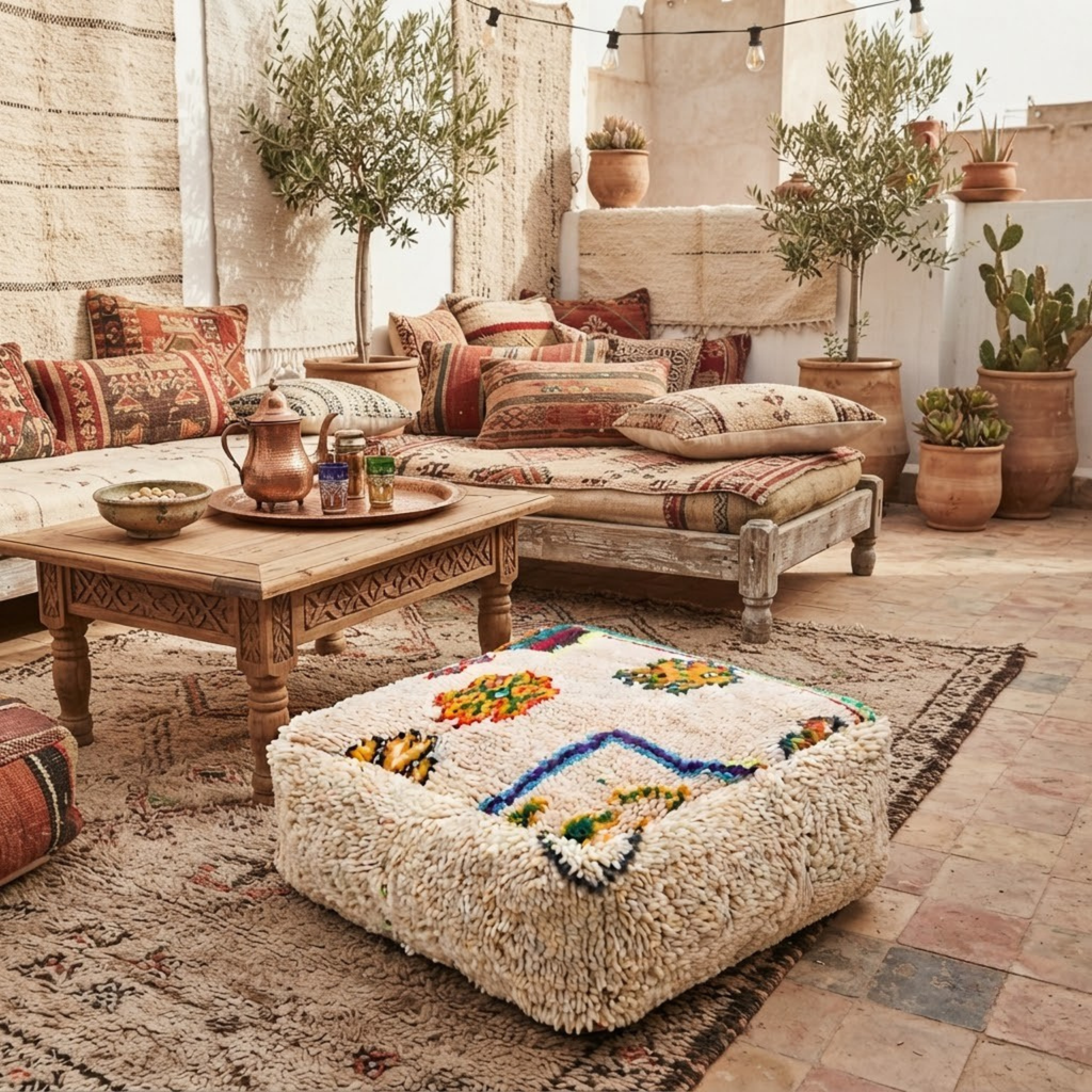 Multicolor Azilal Berber Floor Pouf 60x60x20 cm – Authentic Handmade Moroccan Cream Wool Cushion with High-Pile Shaggy Sides