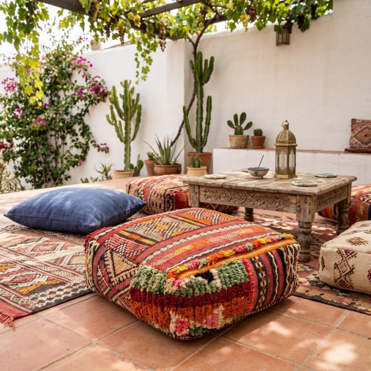 Vintage Boujad Berber Floor Pouf 60x60x20 cm – Handmade Moroccan Kilim and High-Pile Wool Square Cushion