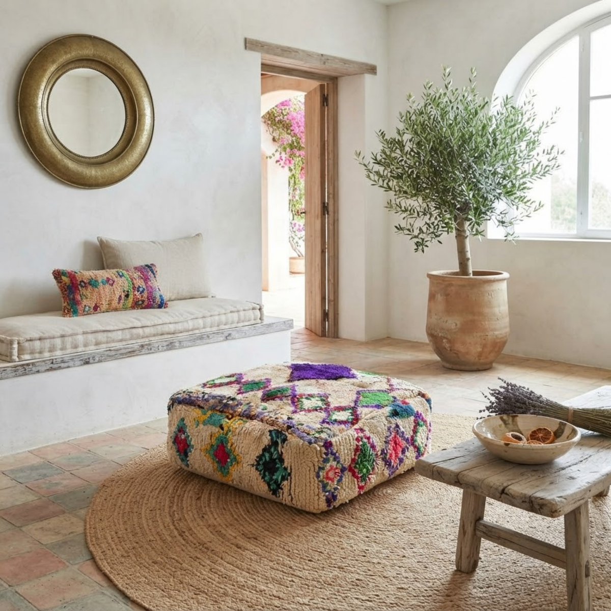 Vintage Shaggy Boujad Berber Floor Pouf 60x60x20 cm – Authentic Handmade Moroccan High-Pile Wool Cushion with Purple Diamond