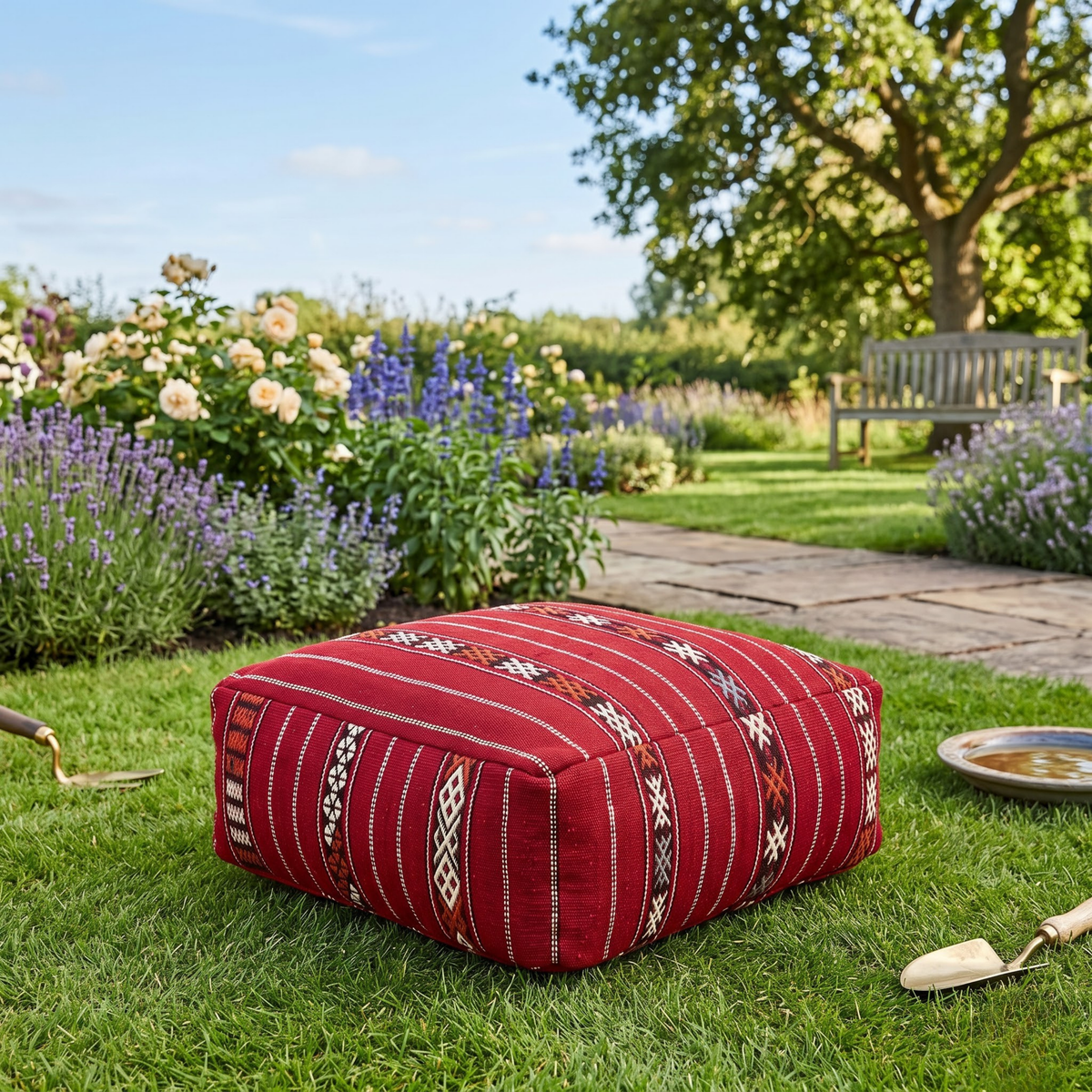 Crimson Red Kilim Berber Floor Pouf 60x60x20 cm – Handmade Moroccan Square Cushion with Tribal Geometric Motifs