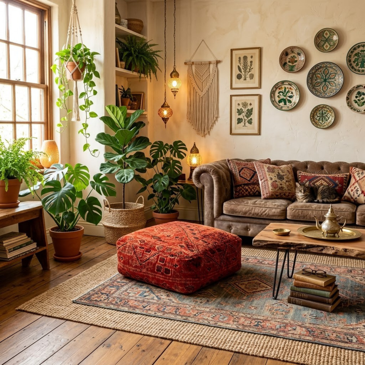 Vintage Rust Terracotta Boujad Berber Floor Pouf 60x60x20 cm – Authentic Handmade Moroccan Wool Floor Cushion