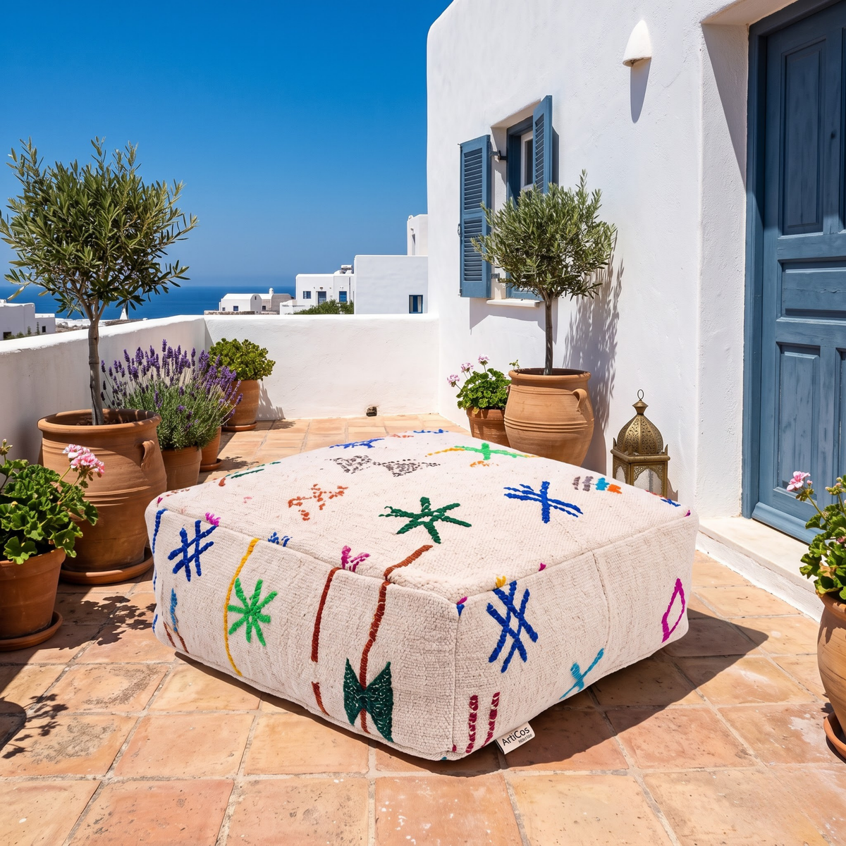 Embroidered Berber Floor Pouf 60x60x20 cm – Handmade Moroccan Cream Wool Floor Cushion with Multicolor Amazigh Symbols