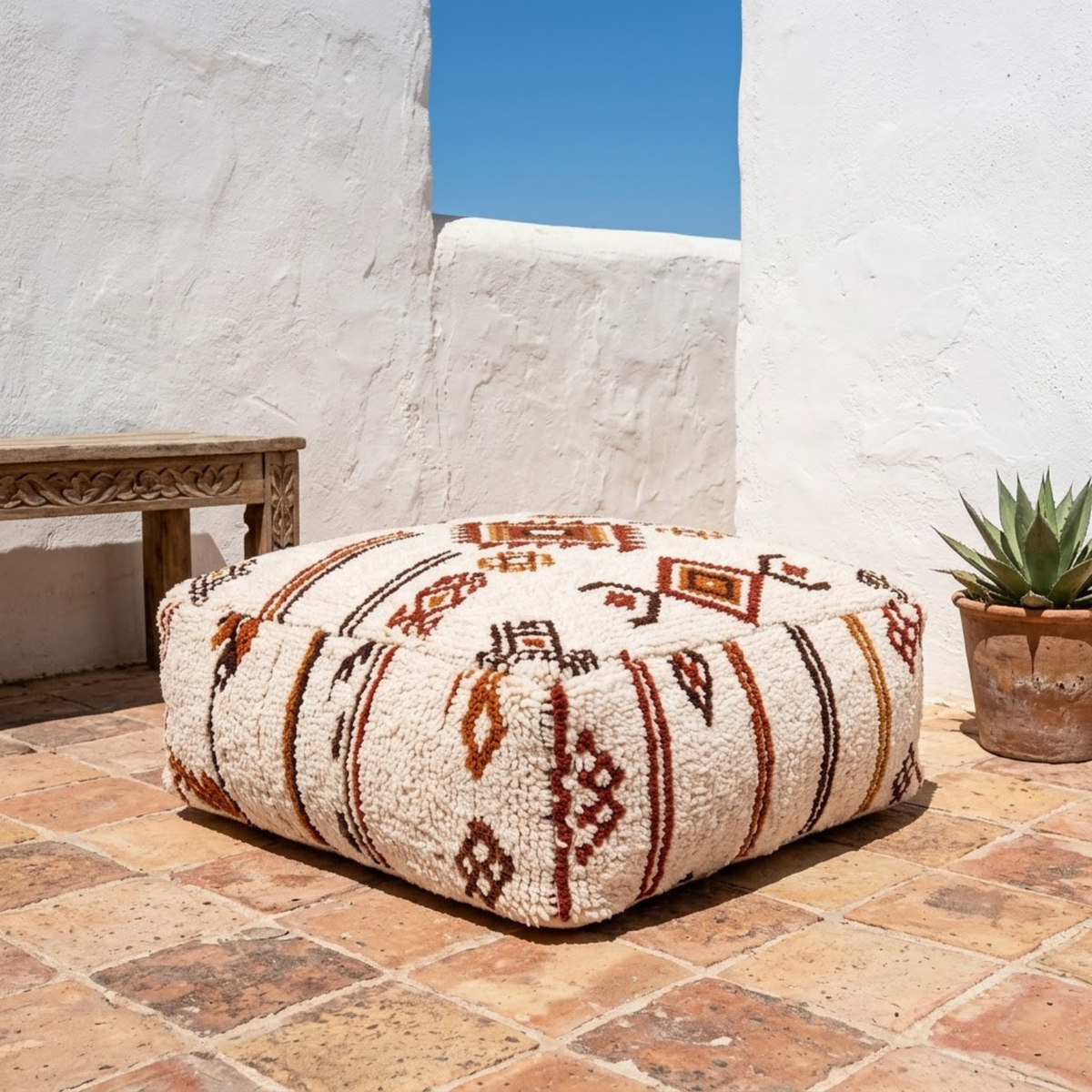 Beni Ourain Berber Floor Pouf 60x60x20 cm – Authentic Handmade Moroccan Cream Wool Cushion with Earthy Tribal Motifs