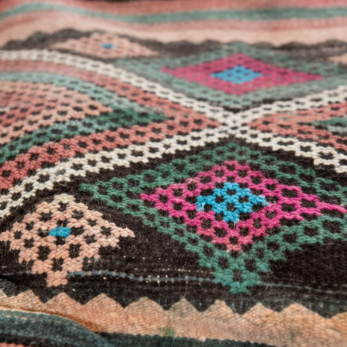 Vintage Coral Kilim Berber Floor Pouf 60x60x20 cm – Handmade Moroccan Square Cushion with Green, Turquoise and Diamond Medallion