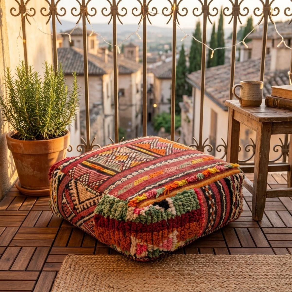 Vintage Boujad Berber Floor Pouf 60x60x20 cm – Handmade Moroccan Kilim and High-Pile Wool Square Cushion