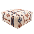 Embroidered Cream Berber Floor Pouf 60x60x20 cm – Handmade Moroccan Square Cushion with Terracotta and Indigo Amazigh Motifs