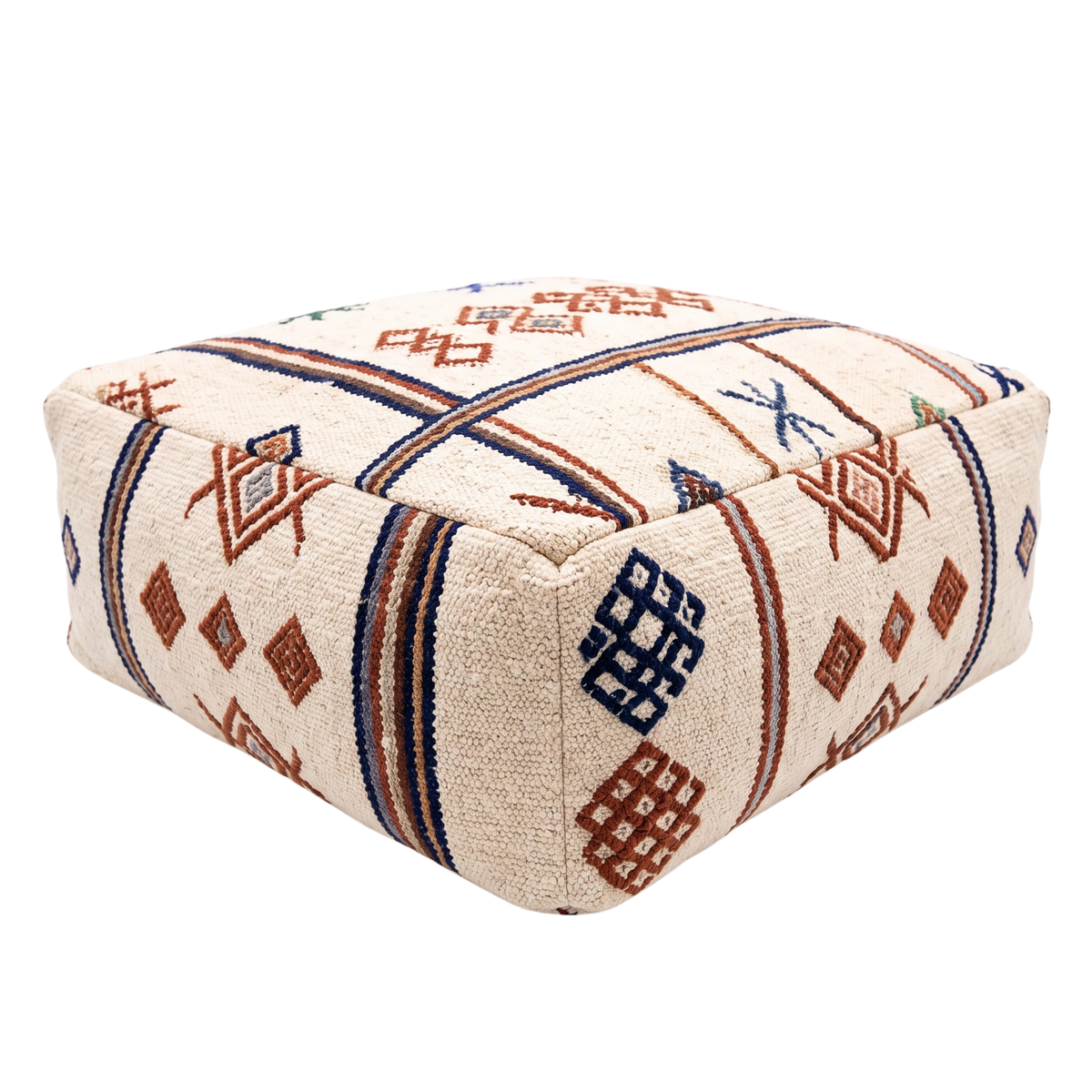 Embroidered Cream Berber Floor Pouf 60x60x20 cm – Handmade Moroccan Square Cushion with Terracotta and Indigo Amazigh Motifs