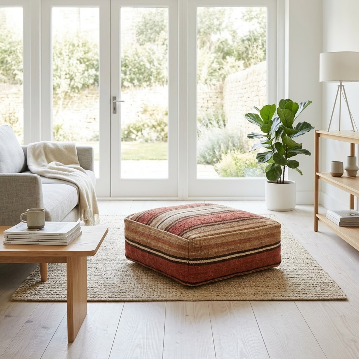 Earth Tone Striped Kilim Berber Floor Pouf 60x60x20 cm – Handmade Moroccan Square Terracotta and Beige Cushion