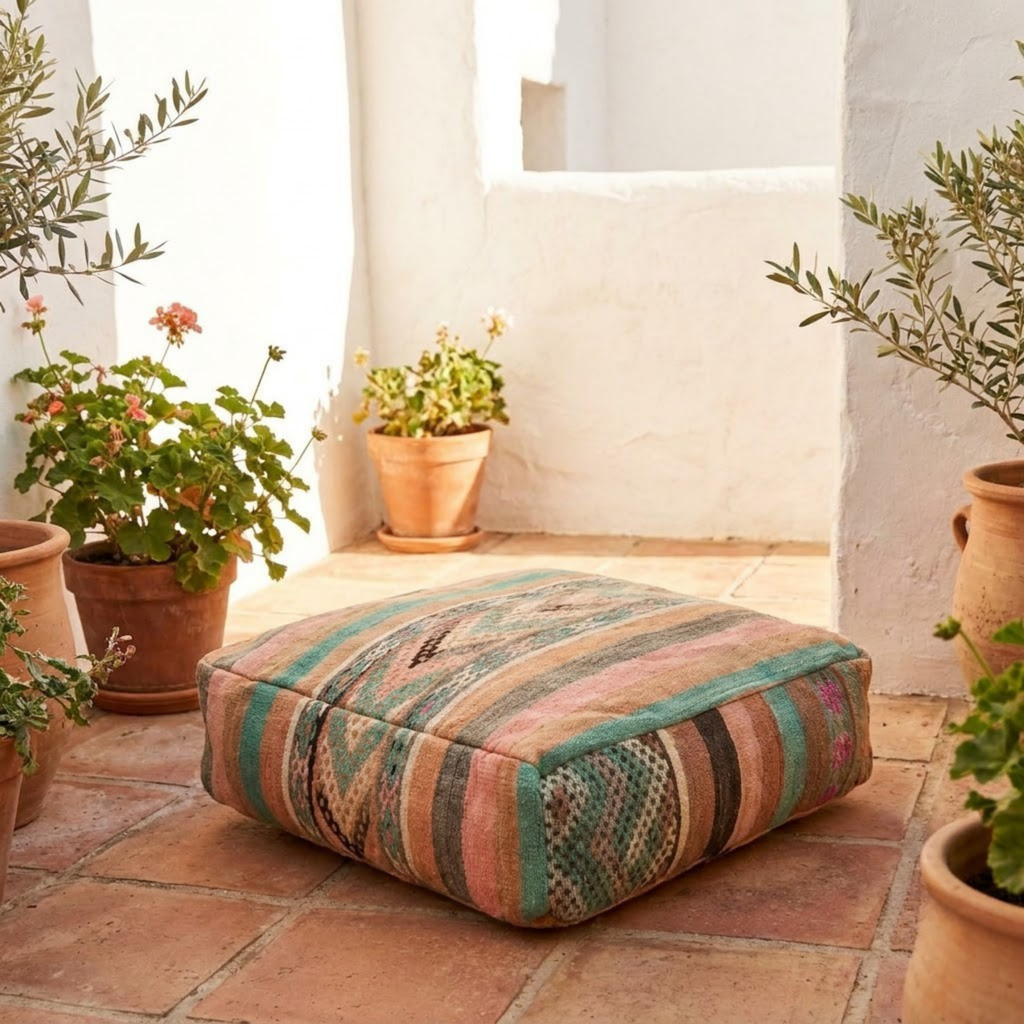 Vintage Pastel Kilim Berber Floor Pouf 60x60x20 cm – Handmade Moroccan Square Cushion with Turquoise, Pink Stripes and Tribal Medallion