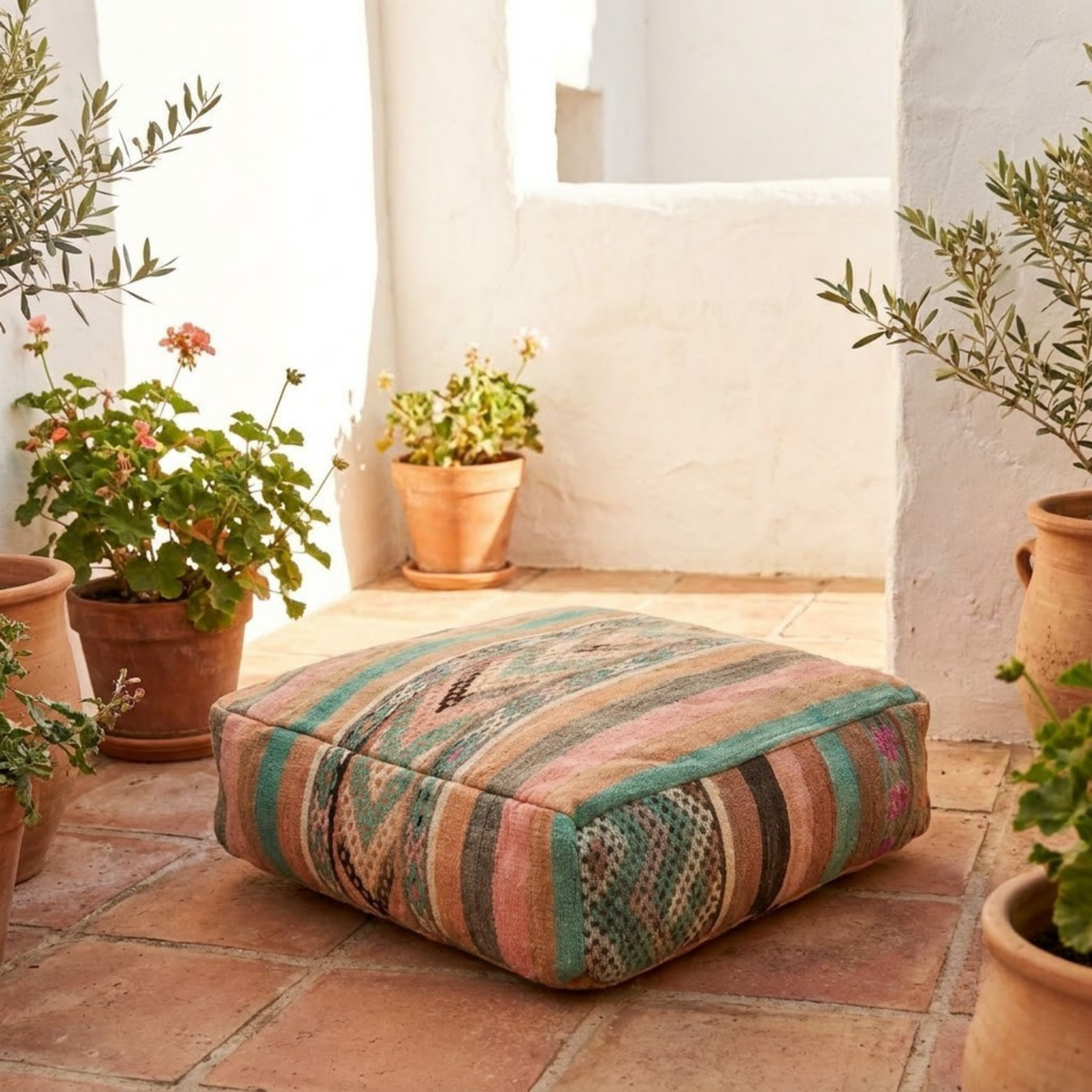 Vintage Pastel Kilim Berber Floor Pouf 60x60x20 cm – Handmade Moroccan Square Cushion with Turquoise, Pink Stripes and Tribal Medallion