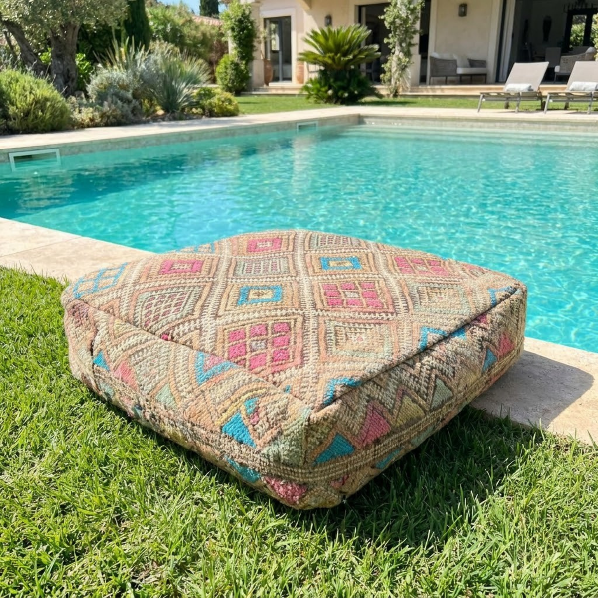Vintage Geometric Kilim Berber Floor Pouf 60x60x20 cm – Handmade Moroccan Square Cushion with Pastel Diamond Grid