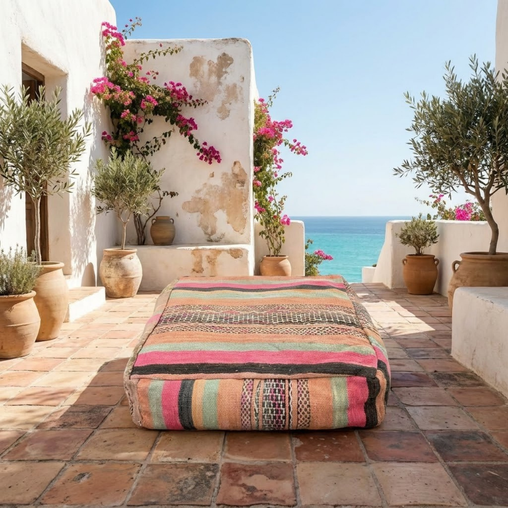 Pastel Sunset Kilim Berber Floor Pouf 60x60x20 cm – Handmade Moroccan Square Cushion with Pink, Mint, and Peach Stripes