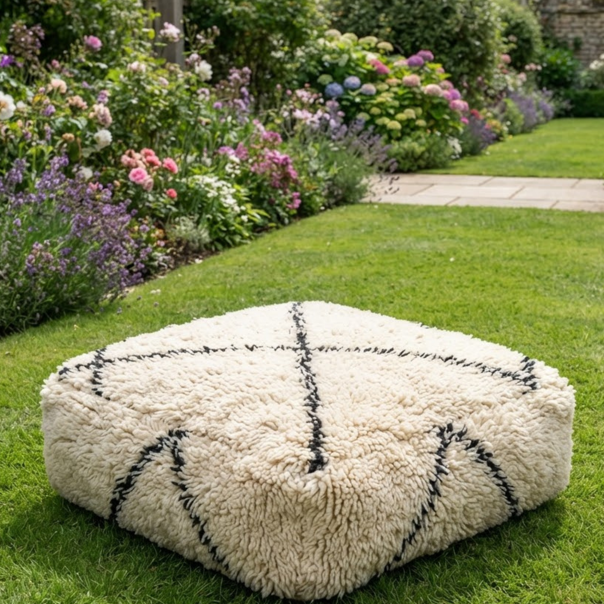 Beni Ourain Berber Floor Pouf 60x60x20 cm – Authentic Handmade Moroccan Shaggy Wool Cushion in Cream and Charcoal Black