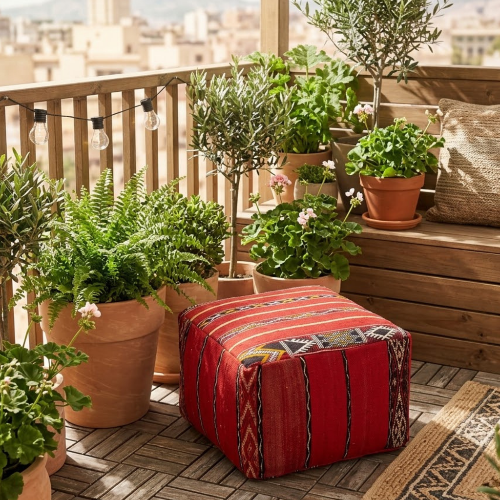 Ruby Red Kilim Berber Floor Pouf 45x45 cm – Authentic Handmade Moroccan Cube Ottoman with Tribal Geometric Bands