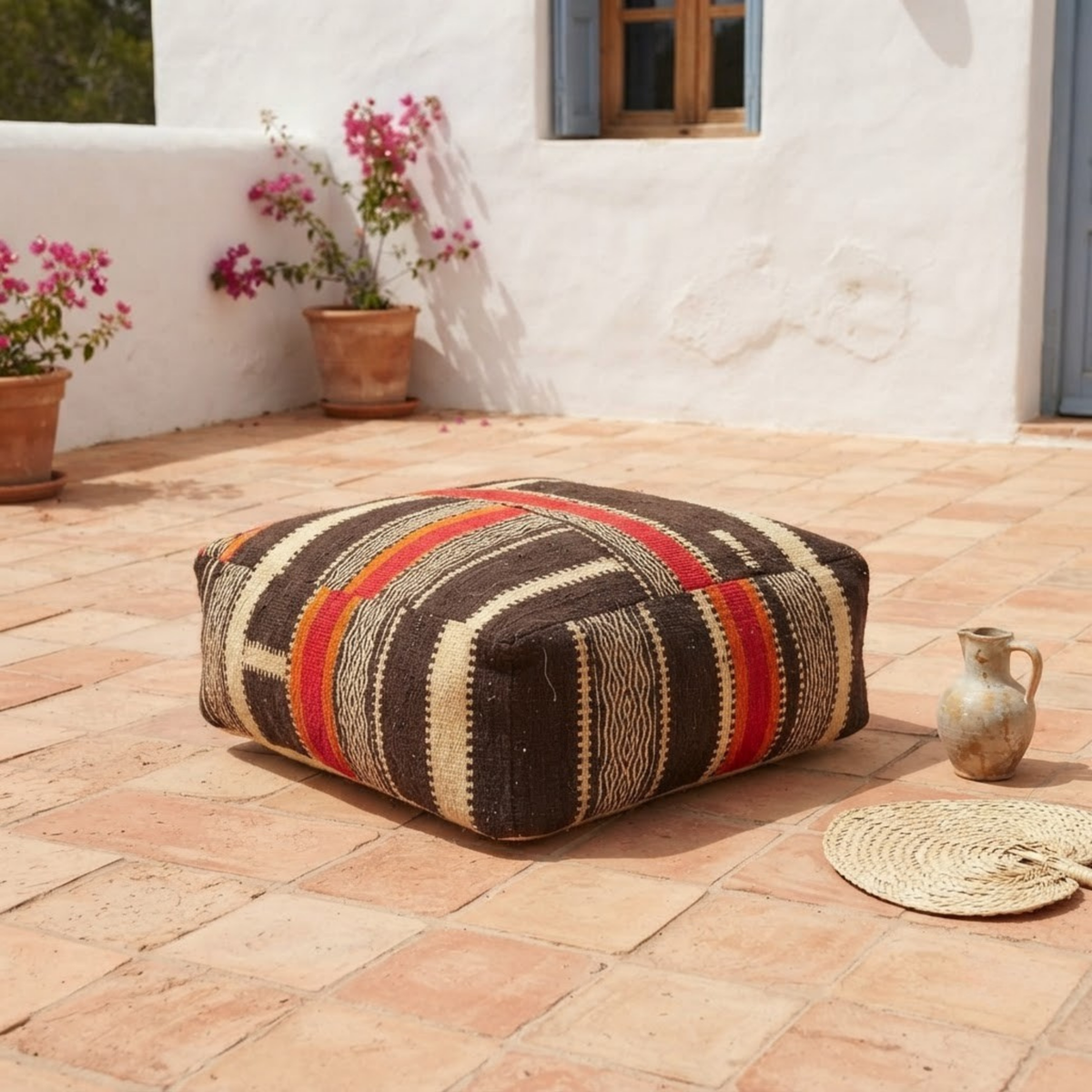 Dark Brown Kilim Berber Floor Pouf 60x60x20 cm – Handmade Moroccan Square Cushion with Cream Stripes and Warm Orange Band