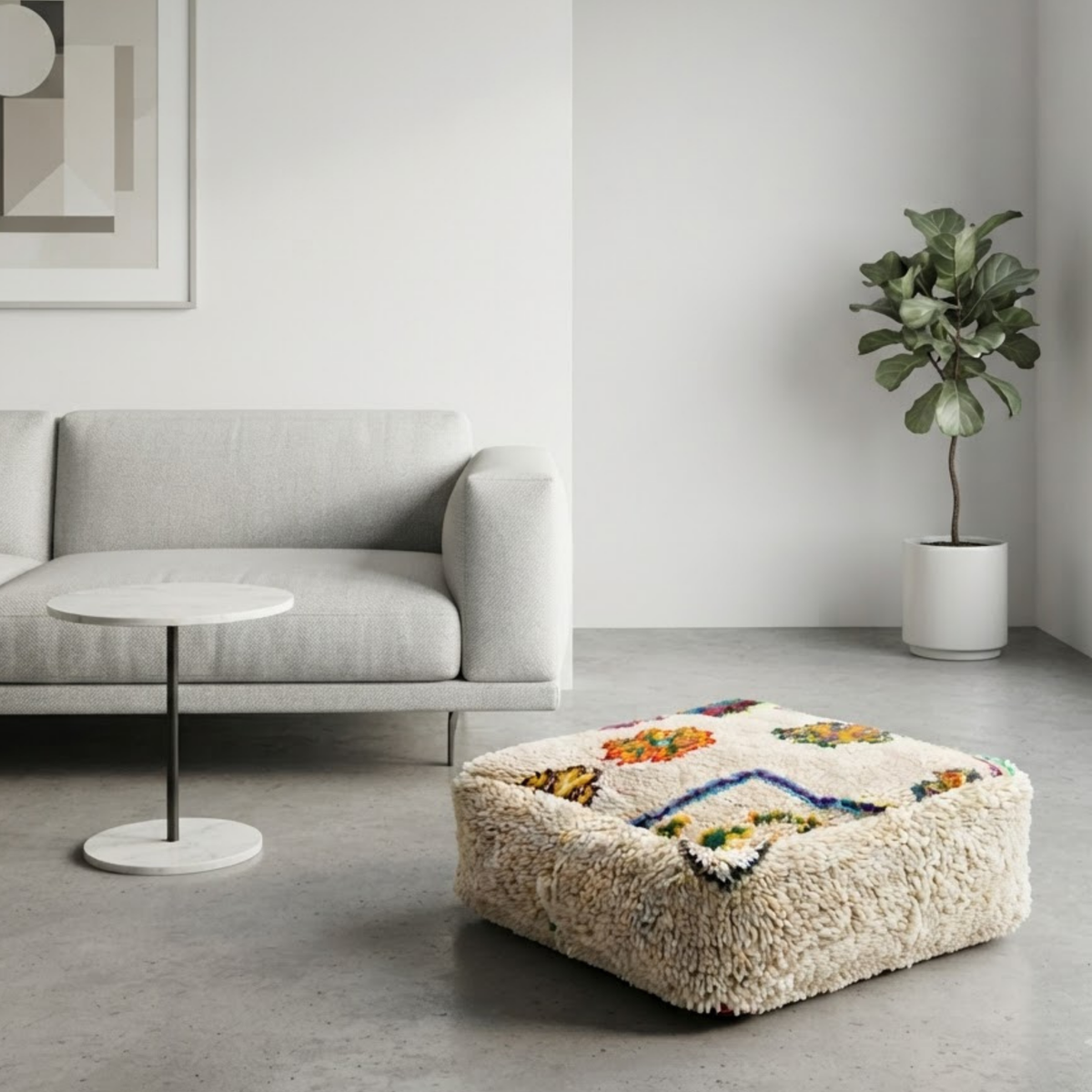 Multicolor Azilal Berber Floor Pouf 60x60x20 cm – Authentic Handmade Moroccan Cream Wool Cushion with High-Pile Shaggy Sides