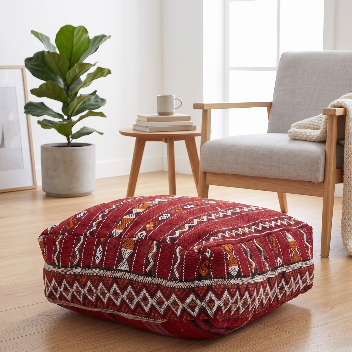 Deep Maroon Kilim Berber Floor Pouf 60x60x20 cm – Authentic Handmade Moroccan Floor Cushion with Tribal Diamond Border