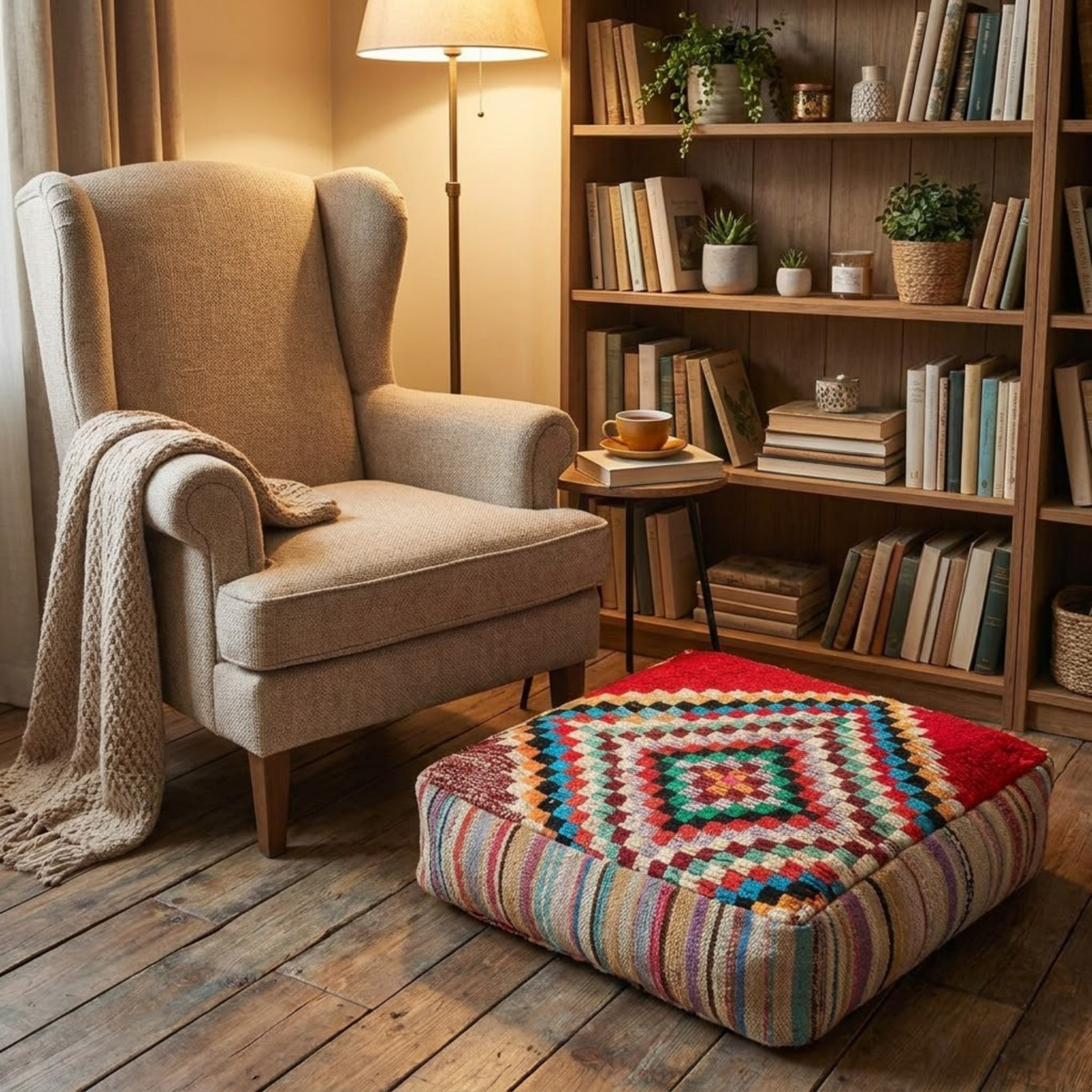 Multicolor Boujad Berber Floor Pouf 60x60x20 cm – Handmade Moroccan Square Cushion with Concentric Diamond Mosaic and Striped Sides