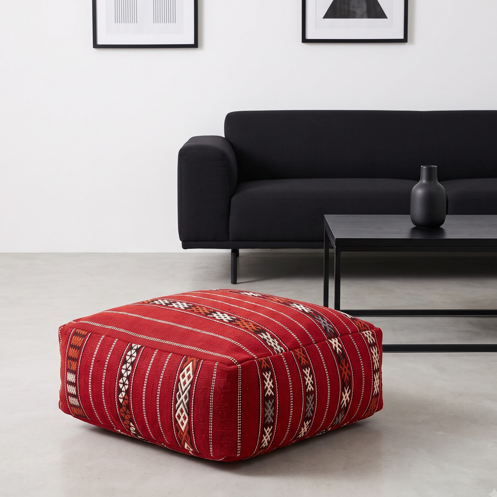 Crimson Red Kilim Berber Floor Pouf 60x60x20 cm – Handmade Moroccan Square Cushion with Tribal Geometric Motifs