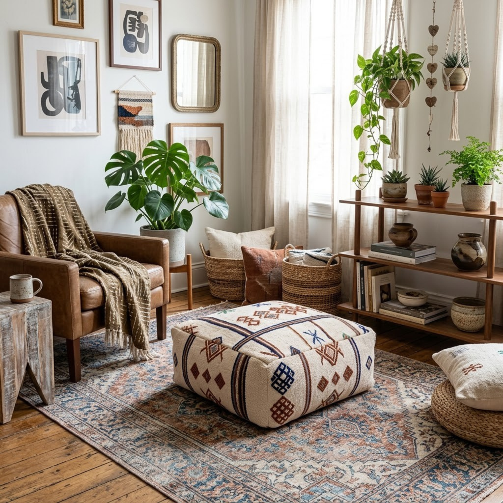 Embroidered Cream Berber Floor Pouf 60x60x20 cm – Handmade Moroccan Square Cushion with Terracotta and Indigo Amazigh Motifs
