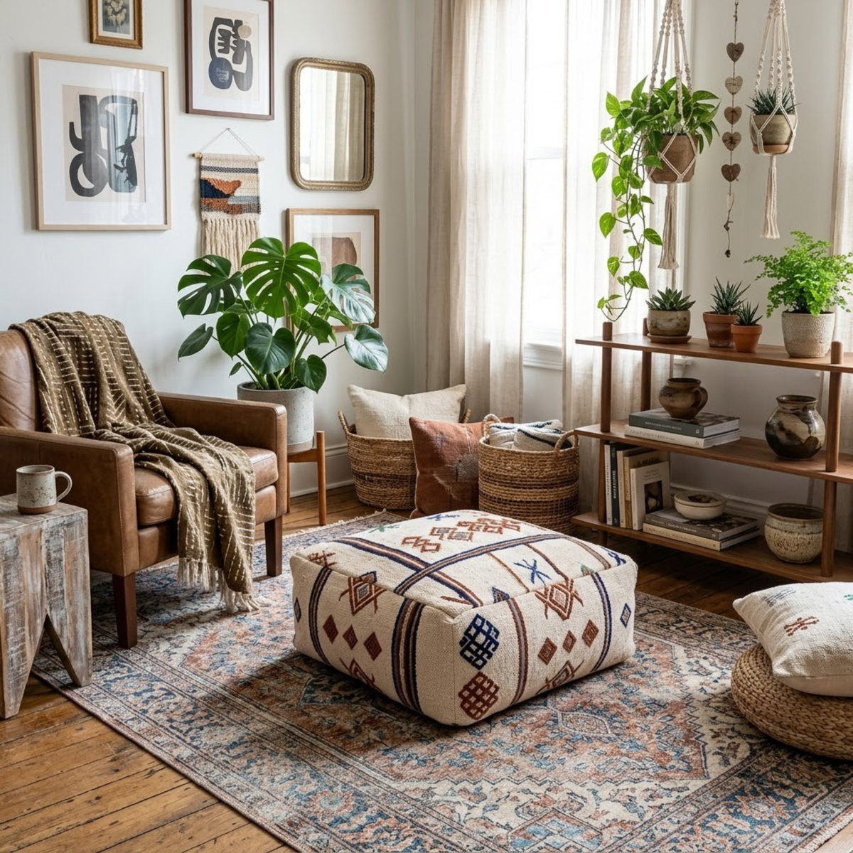 Embroidered Cream Berber Floor Pouf 60x60x20 cm – Handmade Moroccan Square Cushion with Terracotta and Indigo Amazigh Motifs