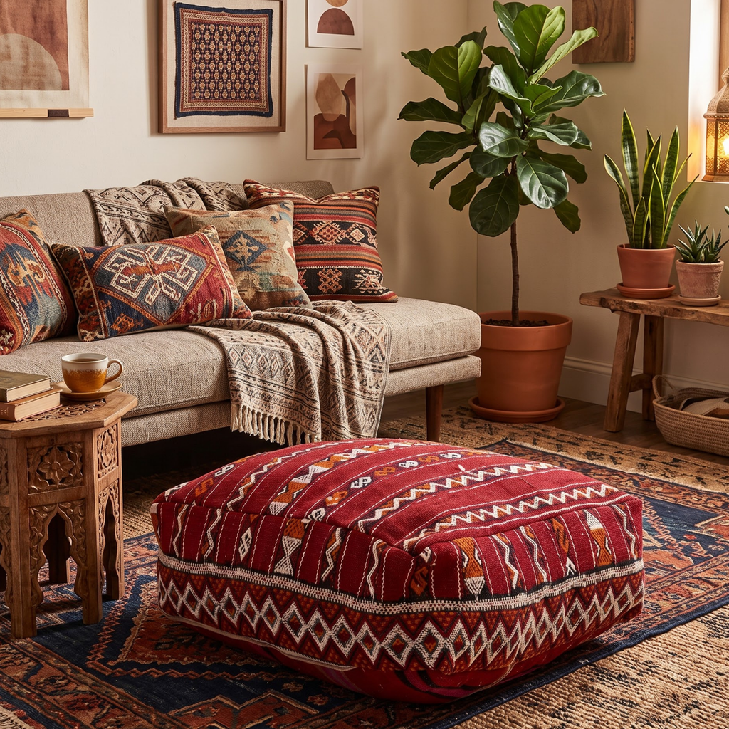 Deep Maroon Kilim Berber Floor Pouf 60x60x20 cm – Authentic Handmade Moroccan Floor Cushion with Tribal Diamond Border