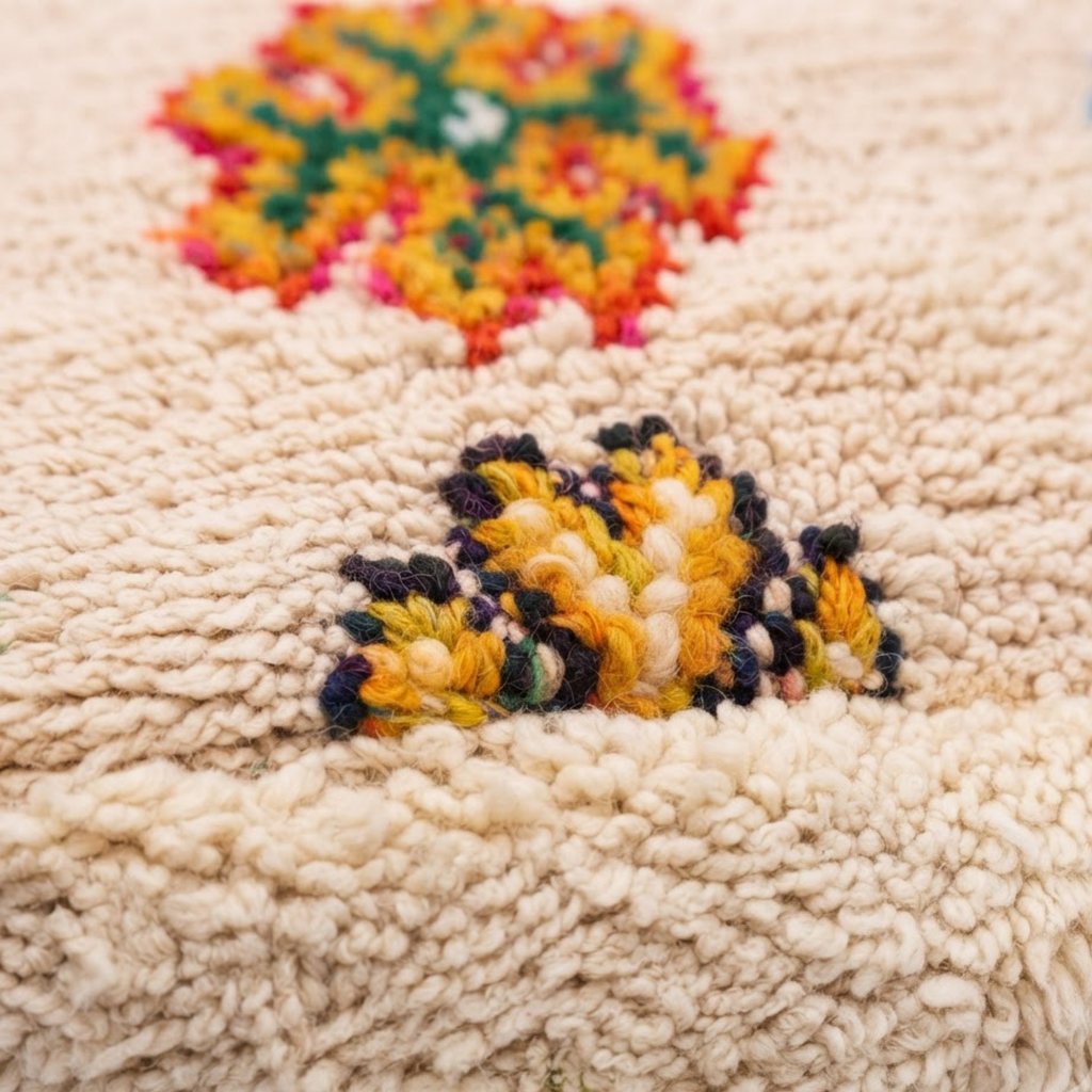 Multicolor Azilal Berber Floor Pouf 60x60x20 cm – Authentic Handmade Moroccan Cream Wool Cushion with High-Pile Shaggy Sides