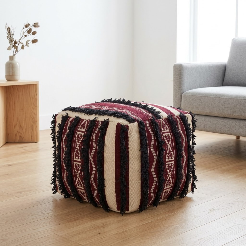 Burgundy and Cream Berber Floor Pouf with Black Fringe 45x45 cm – Authentic Handmade Moroccan Cube Ottoman