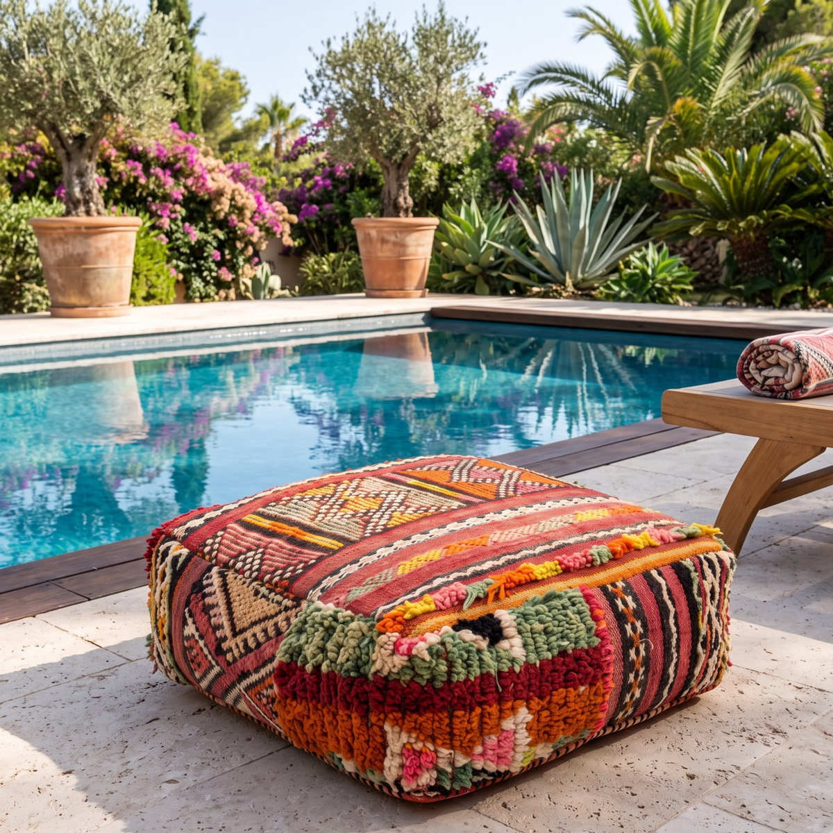 Vintage Boujad Berber Floor Pouf 60x60x20 cm – Handmade Moroccan Kilim and High-Pile Wool Square Cushion