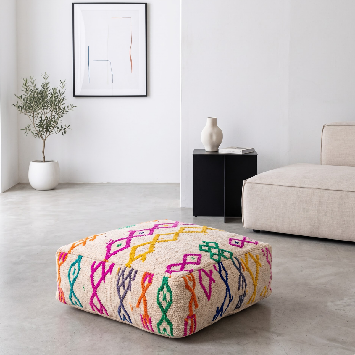 Multicolor Azilal Berber Floor Pouf 60x60x20 cm – Authentic Handmade Moroccan Off-White Wool Ottoman