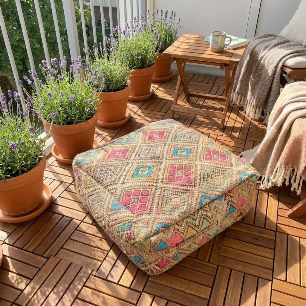 Vintage Geometric Kilim Berber Floor Pouf 60x60x20 cm – Handmade Moroccan Square Cushion with Pastel Diamond Grid